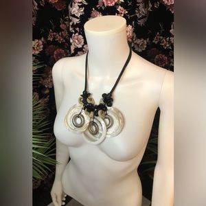 NWT Abstract Beach Pearlescent Shell Wood Cord Necklace